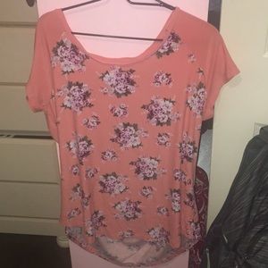 peach colorful shirt.